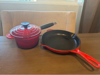 Le Creuset Red Cast Iron Skillet + Small Dutch Oven Pot with Lid