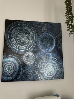 Modern Abstract Blue & Silver Geometric Canvas Art – 31” x 31”