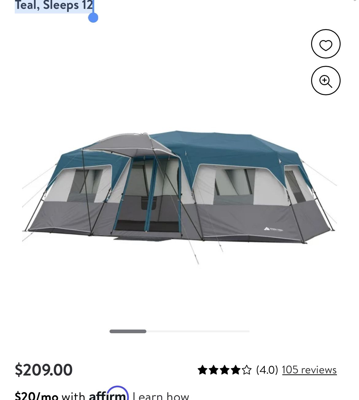 Ozark Trail 20' x 10' x 80" Instant Cabin Tent in Gray and Teal, Sleeps 12
USED ONLY ONE TIME GOOD CONDITION