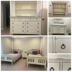 Complete ivory 2 twin size beds with distressed nightstand, dresser and hutch