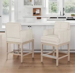 Set Of 2 Cavino 27 in. Linen Fabric Upholstered Counter Height Bar Stool Armrests and Wood Frame Counter Stool