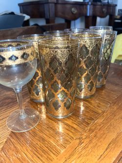 (Set 6) MCM Vintage CULVER VALENCIA 22k Gold & Green Highball glasses(x2 Goblets)