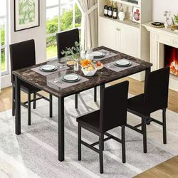 Kitchen Table Set for 4, Dining Table and Chairs Set with Faux Marble Tabletop and 4 Leather Upholst