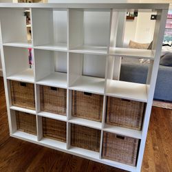 IKEA KALLAX white shelf unit w/ 16 cubbies & 8 baskets
