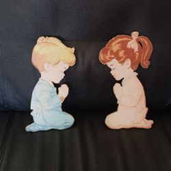 Vintage Praying Children Boy & Girl Wooden Wall Art