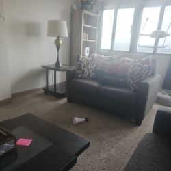 Love Seat, Couch TV Stand,soundboard, 56 Inch Flat Screen  And Coffe Table, And End Tables Two Lamps