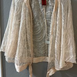 ELLE Lace Sheer Kimono Jacket Tie Front Ivory Polyamide Polyester XL Women