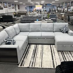 Gray Sofa Sectional w/ Pull Out Sleeper & Drop Down Cup holder & Storage 