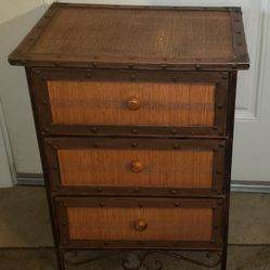 Vintage Woven Rattan, Burnt Bamboo, Wood & Leather Accent/Side Table with 3 Drawers
