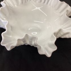 Vintage Fenton Hobnail Ruffled Milk Glass Bowl 