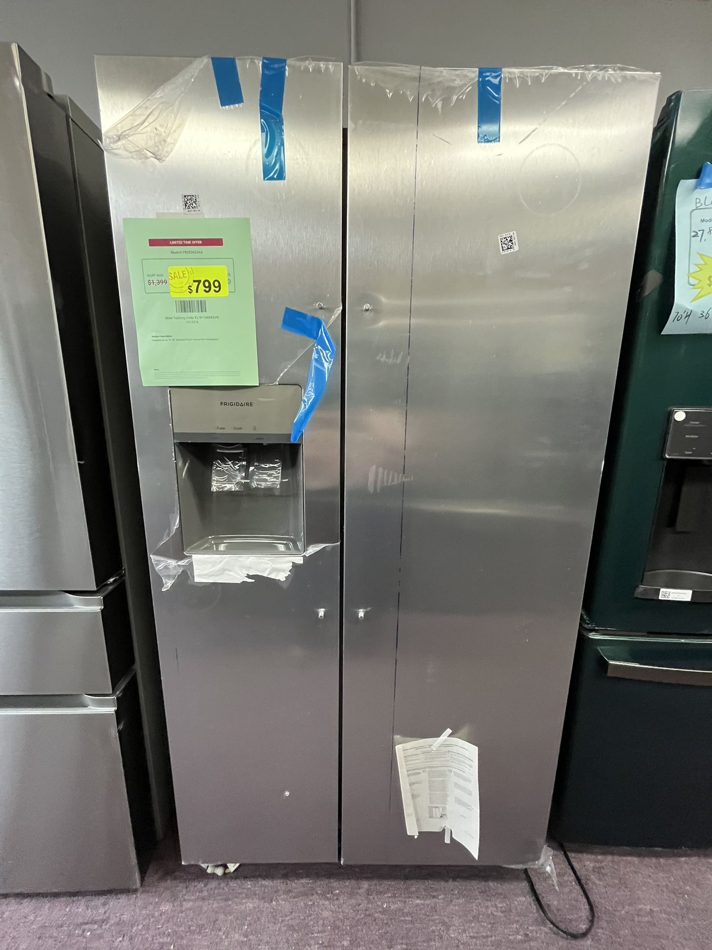 Refrigerator, 36’ Side By Side Frigidaire, With Ice Water