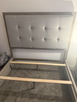 Queen Sized Gray Wooden Headboard And Bedframe