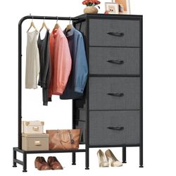 Dresser with Hanging Rack, 4 Fabric Drawers Small Closet for Bedroom, Reversible Grey Black