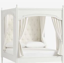 White Wood Canopy Bed with Tufted Headboard