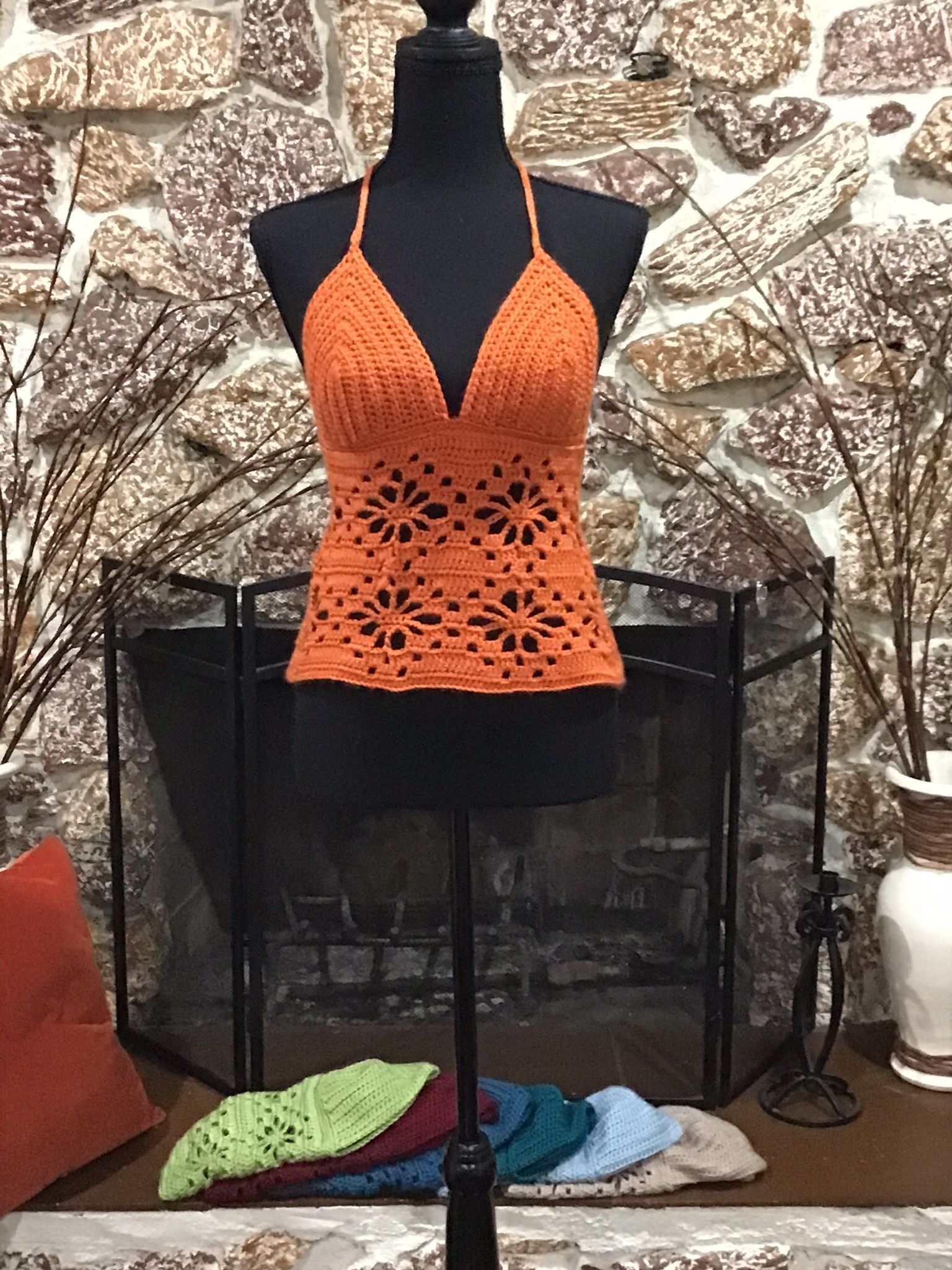 crocheted flower pattern halter top 🧶