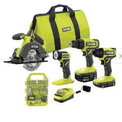 Ryobi One+ Tool kit - drill, drill bits, saw, impact driver, batteries, bag.