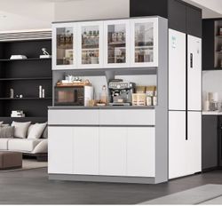 Large Hutch Cabinet 75" Tall Kitchen Pantry with Drawers and Doors, 55" Wide Hutch Countertop for Microwave/Coffee Bar, Wooden Storage Hutch with Adju