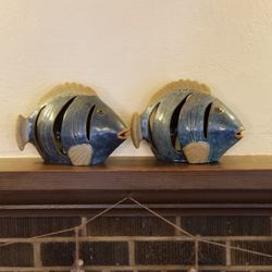 2 Vintage Ceramic Fish Lanterns Tea Light Votive Holder Candle 