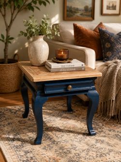 Century Furniture Refinished End Table | Solid Wood Accent Table | Navy & Natural Wood
