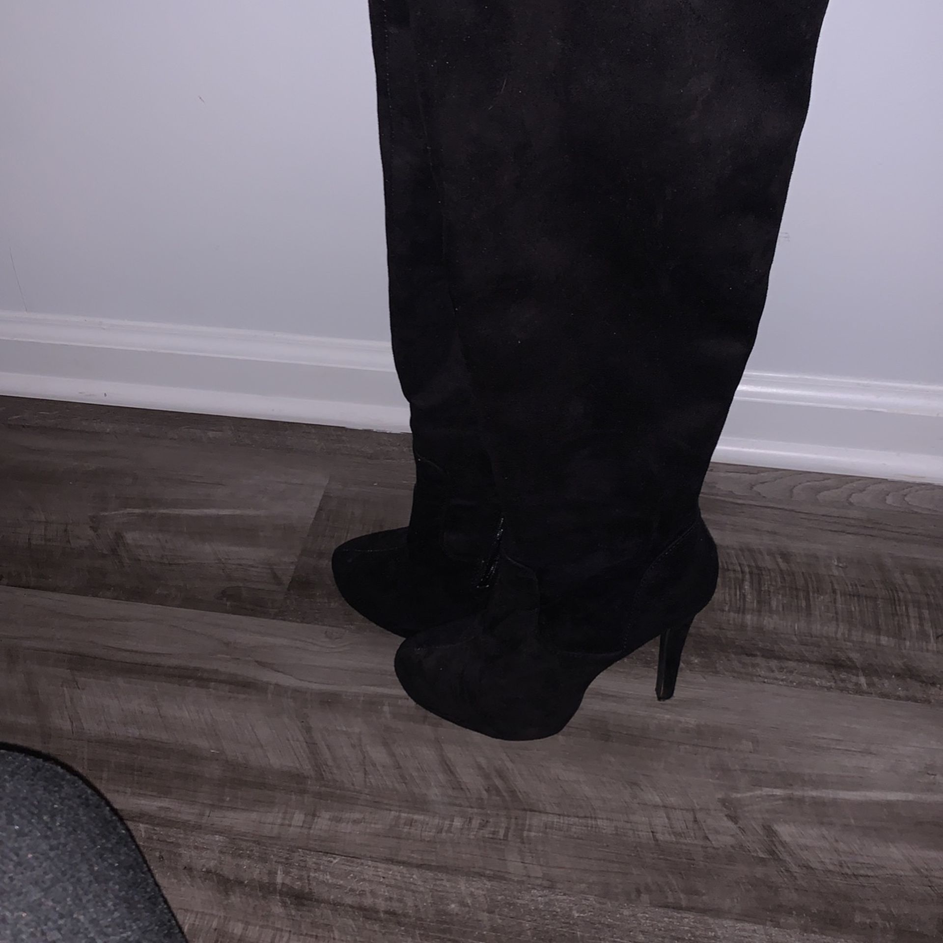 Black Suede Thigh High Boots With Heel