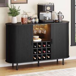 55" Wine Bar Cabinet with LED Light,Modern Liquor Whiskey Coffee Station with Wine Rack and Glass Holder, Farmhouse Buffet Sideboard with Storage for 