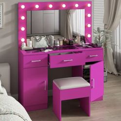 Brand New Pink  Vanity Desk With Stool Make Up Table Set 