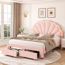 Queen Size LED Bed Frame with Drawer, Velvet Upholstered Platform Bed with Adjustable Petal Headboard for Kid, Pink Features 【9 Colors LED