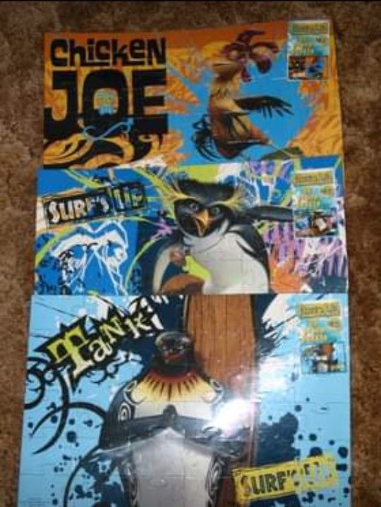 3 Brand New Childrens Puzzles with maybe 12 pcs. Surf's Up, Chicken Joe
