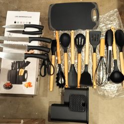 Kitchen Knife Set, Silicone Utensils, Cutting Board & basket/ everything for $15/ open box / see des