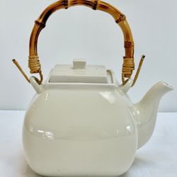Pottery Barn Ceramic Teapot Asian Square Bamboo Handles 