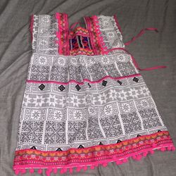 Thai Hmong Vintage  Embroidered Tribal Print Pom Pom Dress For Girls Size 6
