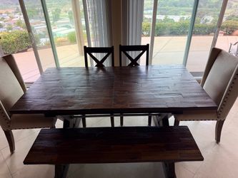 Wood Dining Table with Bench and Chairs and matching buffet table