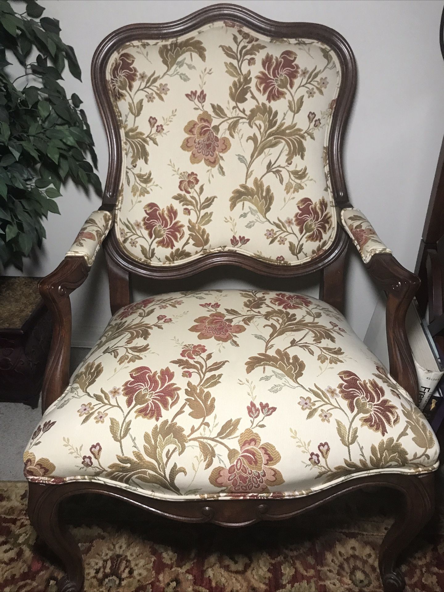 Pair of Ethan Allen upholstered and wood Avignon Bergere accent carved Chairs