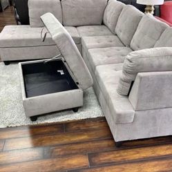 COSTCO Grey Chenille Sectional Couch And Ottoman