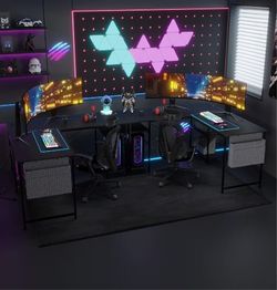 Tbfit L Shaped Desk Corner Desk,95 Inch Reversible Home Office Desk with Storage Shelves, Large Computer Gaming Desk with Power Outlet, 2 Person Long 