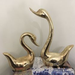 XL Vintage Solid Brass Swans Pair