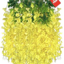 ZEBMOON 12 Pack Yellow Wisteria Hanging Flowers, 3.44 Ft Fake Hanging Flowers, Artificial Wisteria Garland Vines For Wedding Room Backdrop Outdoor Pat