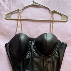 Women’s Removable Metal Shoulder Strap PU Leather Bustier Crop Top