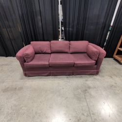 Traditional Burgundy Fabric Couch with Rolled Arms