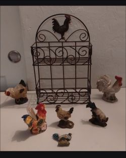 Chicken Rooster Figurine lot with Metal Spice Rack Shelf