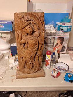Hand-Carved Wooden Hindu Deity Relief Pane-$125