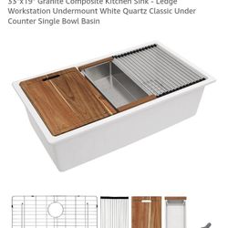33"x19" Granite Composite Kitchen Sink - Ledge Workstation Undermount White Quartz Classic Under Counter Single Bowl Basin...NEW IN BOX
