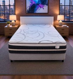 Premium Hummer queen mattress $125, 8” box spring $50, metal bed frame $50,  headboard $20