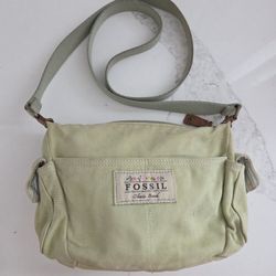 Fossil Womens Handbag Green Canvas Shoulder Bag Leather Accents 