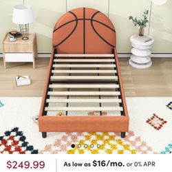 Twin Upholstered Bed Frame, Basketball Design Platform Bed for Boys & Girls, Kids