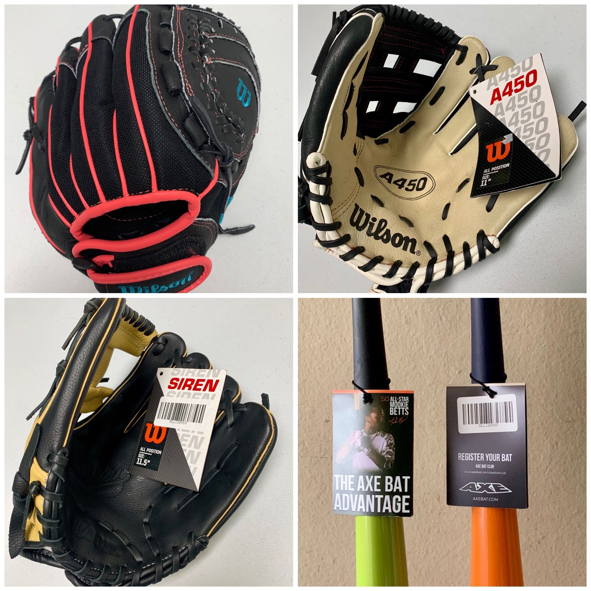 Brand New Gloves And Bats For Sale 