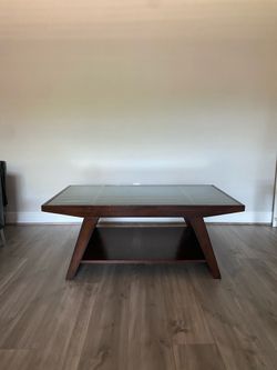 Dark Wood Glass Coffee Table 28x48x19”