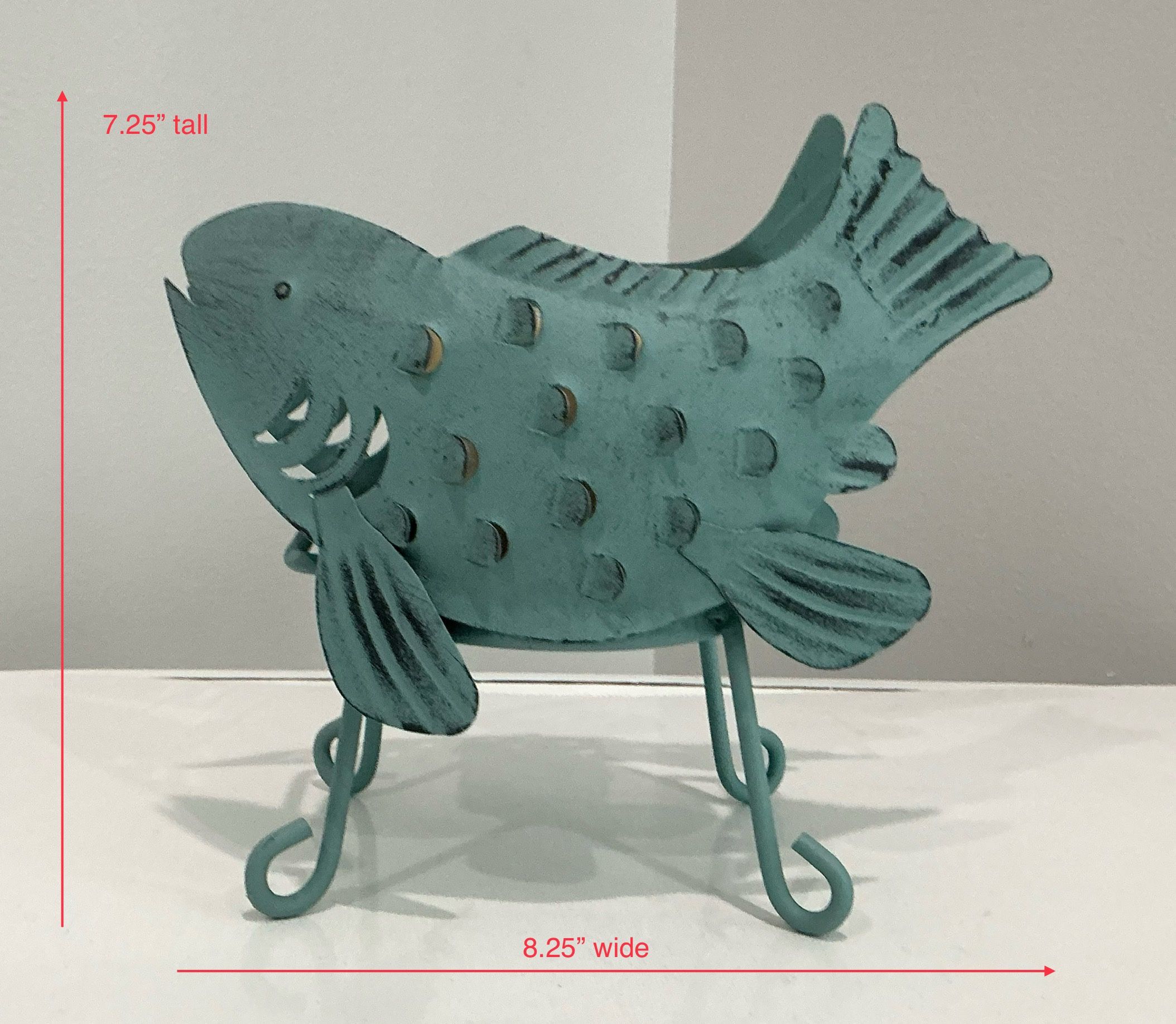Freshly Painted Coastal Sage Metal Fish Candleholder in a Shabby Chalk Finish w/ New Vanilla Candle
