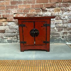 1800’s Antique Chinese Side Table W/Papers Red Lacquer finish