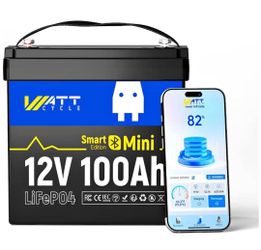 WattCycle 12V 100Ah LiFePO4 Lithium Battery with Bluetooth, BCI Group 24, 12V Mini Batterys 100A Sma